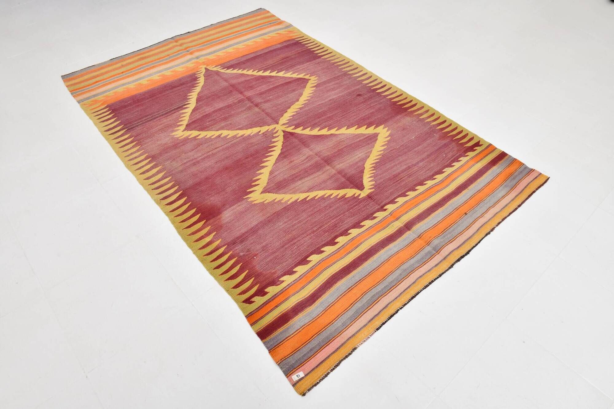 Wine Red & Orange Mid Century Modern Wool Kilim Rug, 153x239 Cm