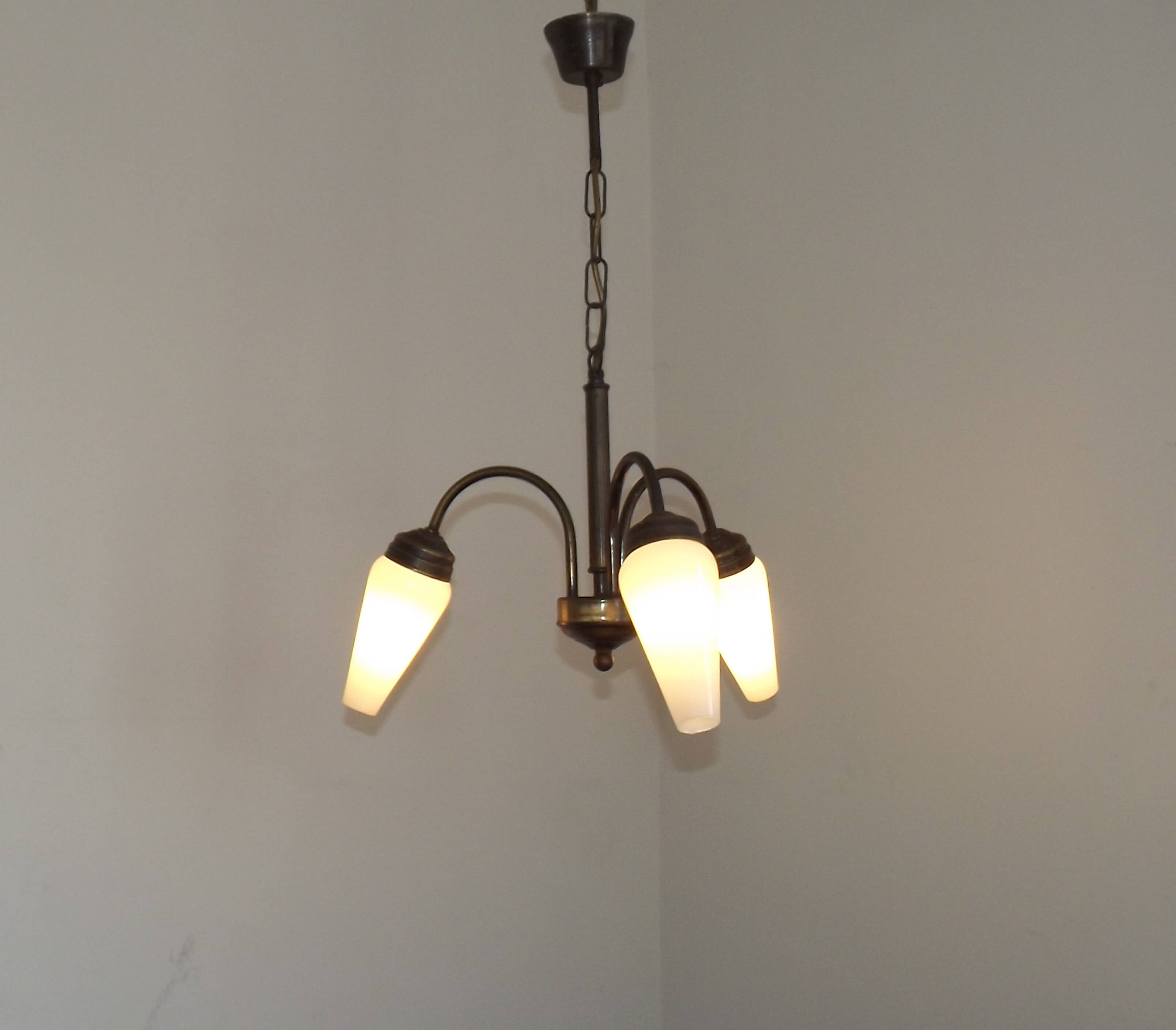 French Vintage Retro Bronze Effect Metal 3 Light Chandelier Glass Shade