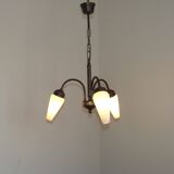 French Vintage Retro Bronze Effect Metal 3 Light Chandelier Glass Shade