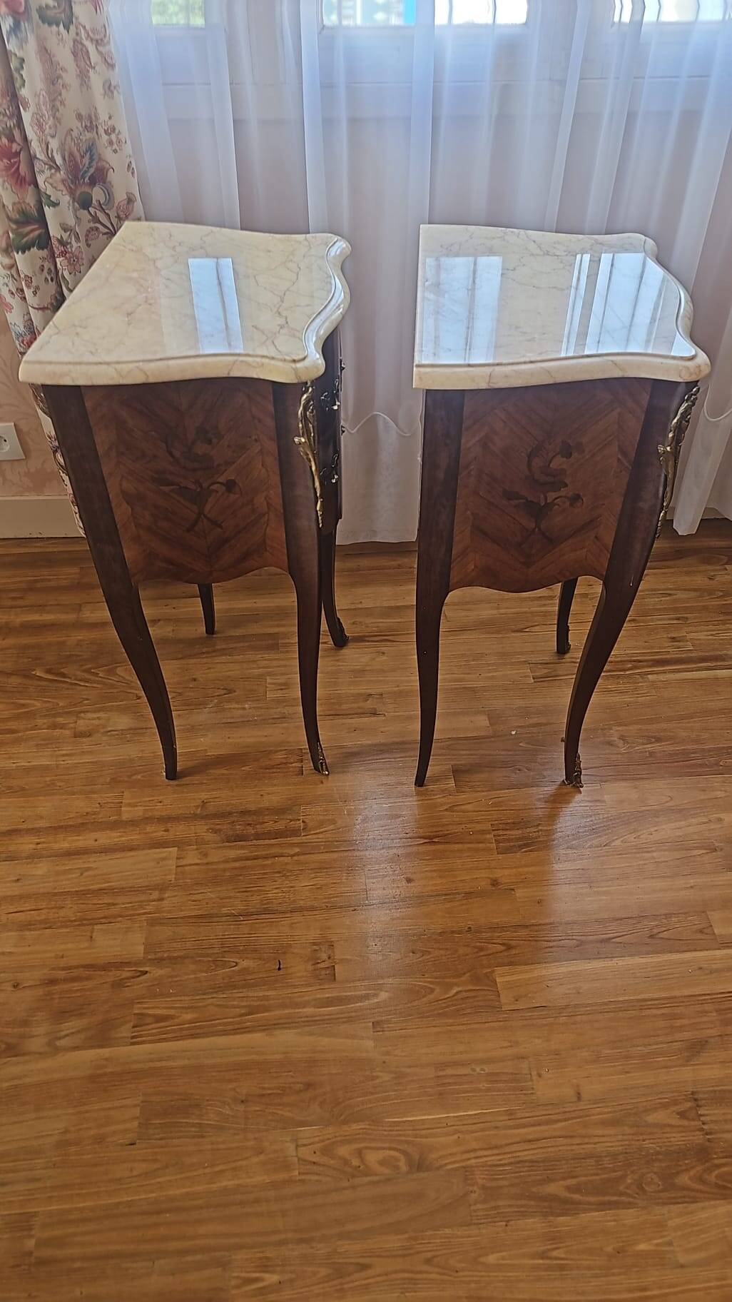Pair of Louis XV style bedside tables with marquetry and marble top