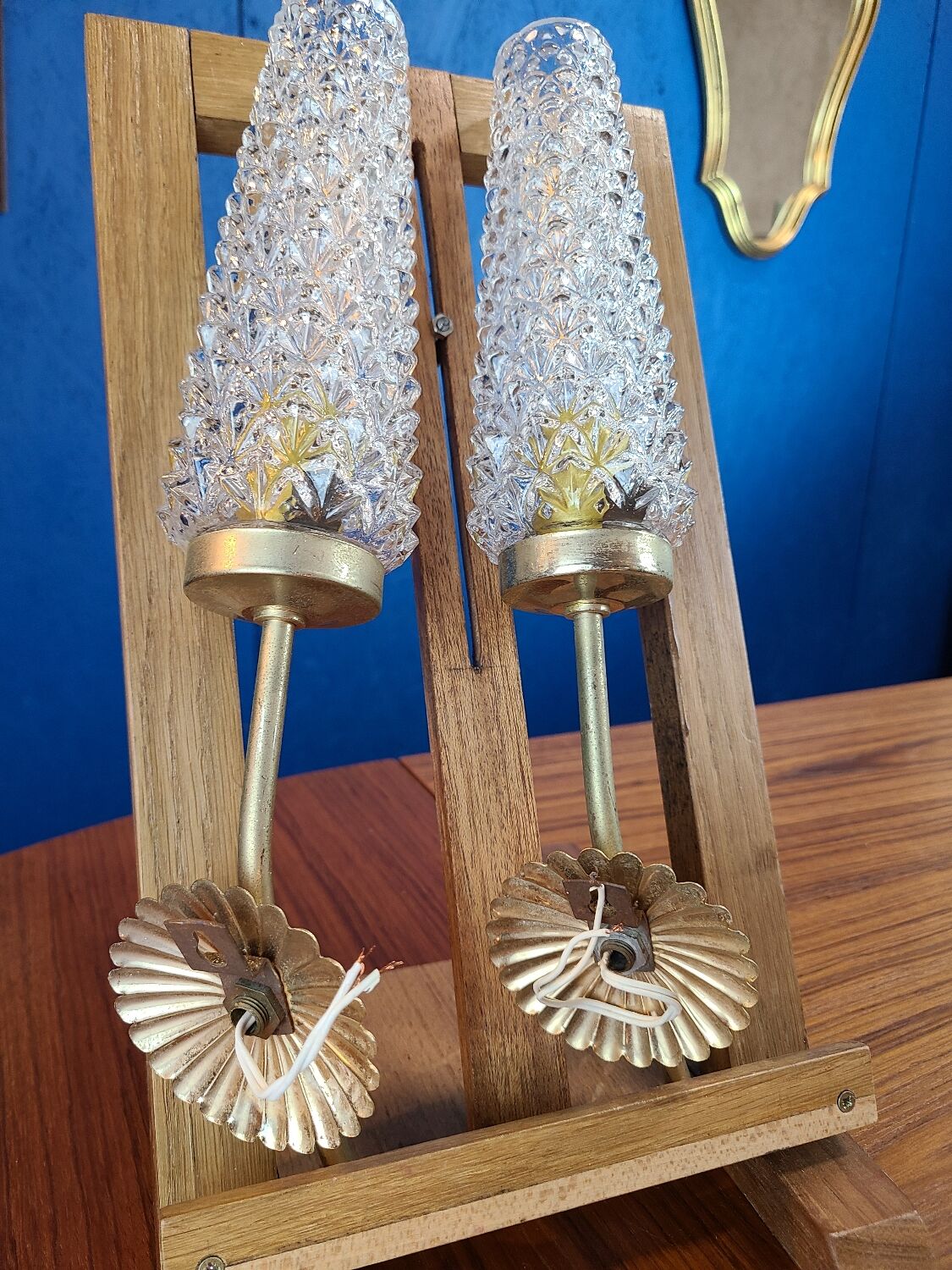 Pair of vintage 1970 glass and metal wall lights