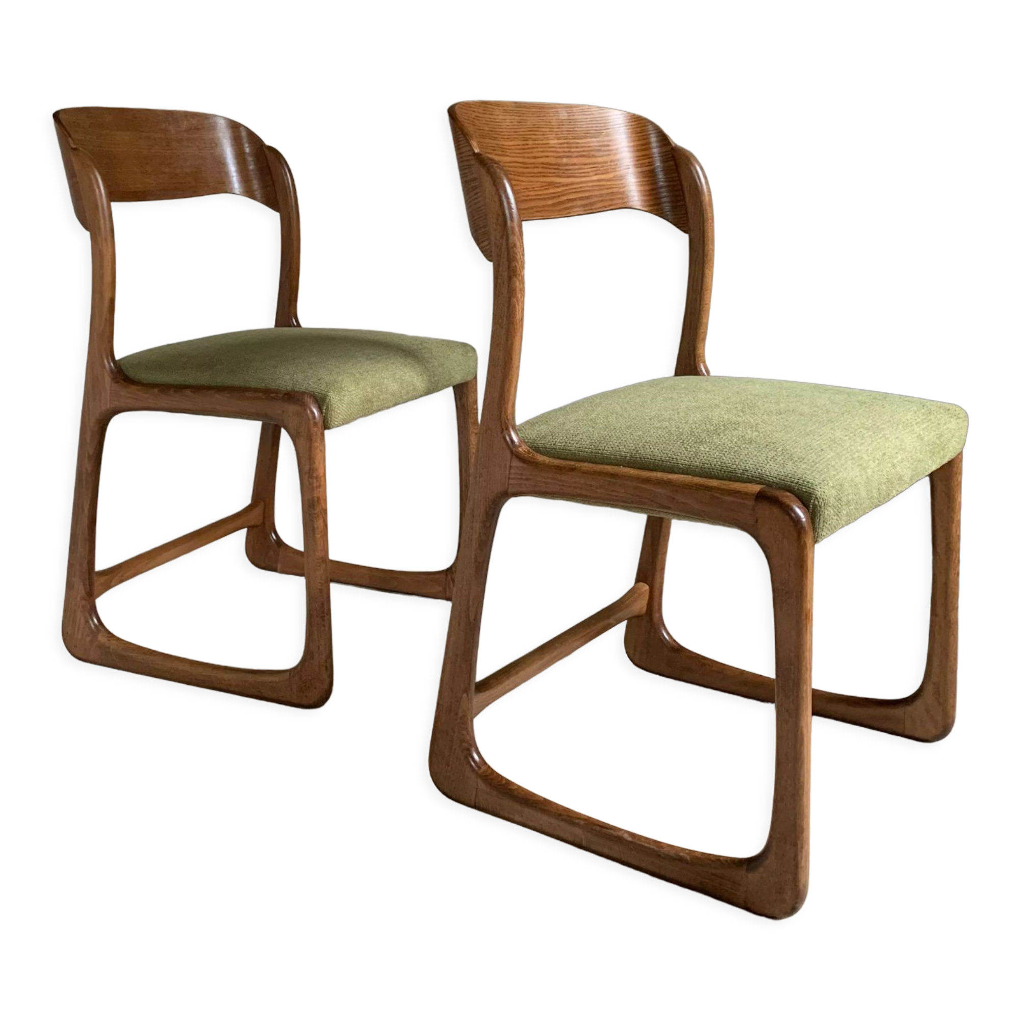 Baumann vintage sled chairs in ash and linden green velvet fabric