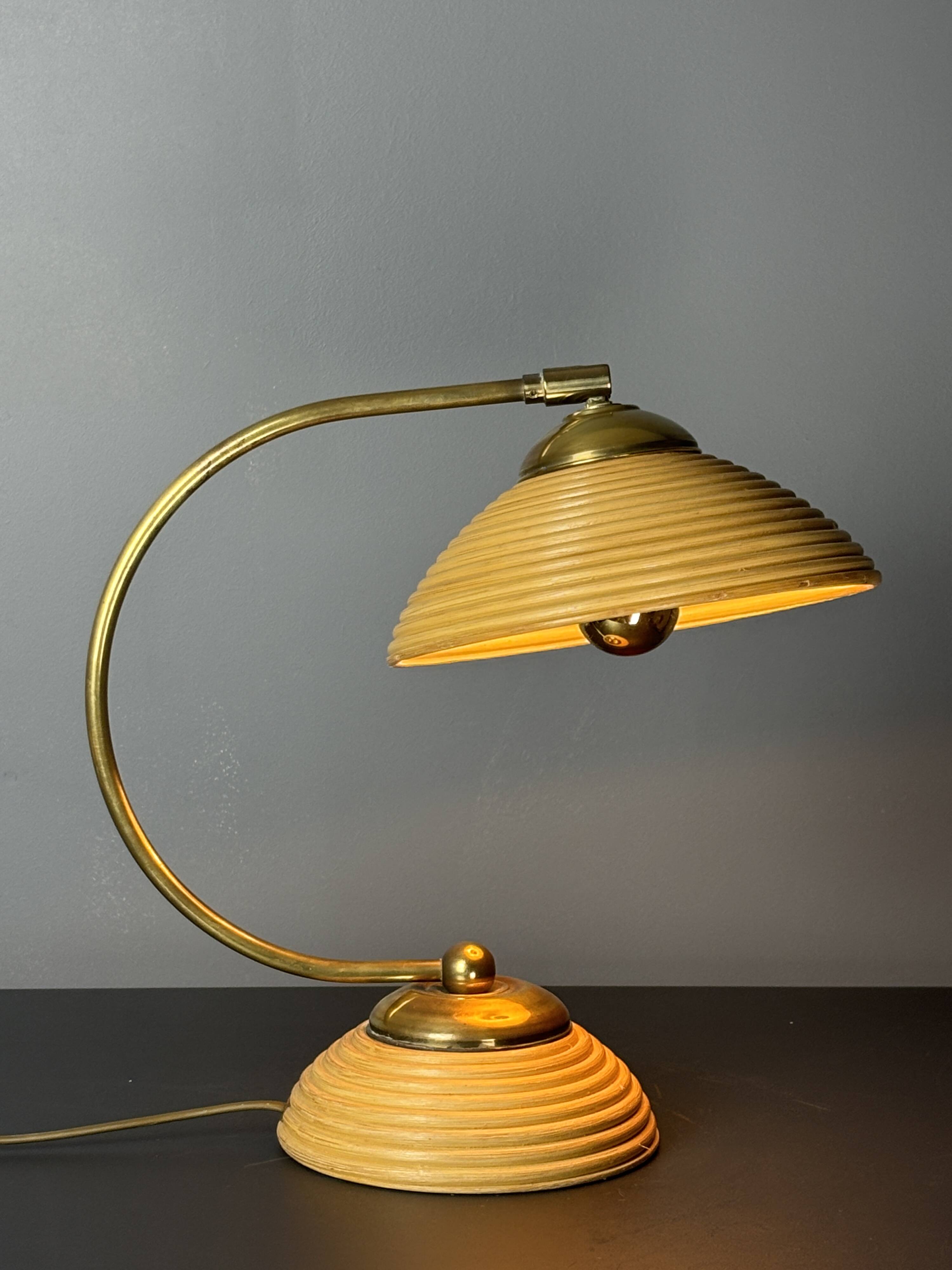 Midcentury pencil reed rattan bamboo and brass table lamp, Italy, 1970s