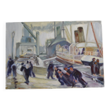 The port, the docks, unloading, dockers, painting signed 20th century HSP
