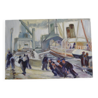 The port, the docks, unloading, dockers, painting signed 20th century HSP