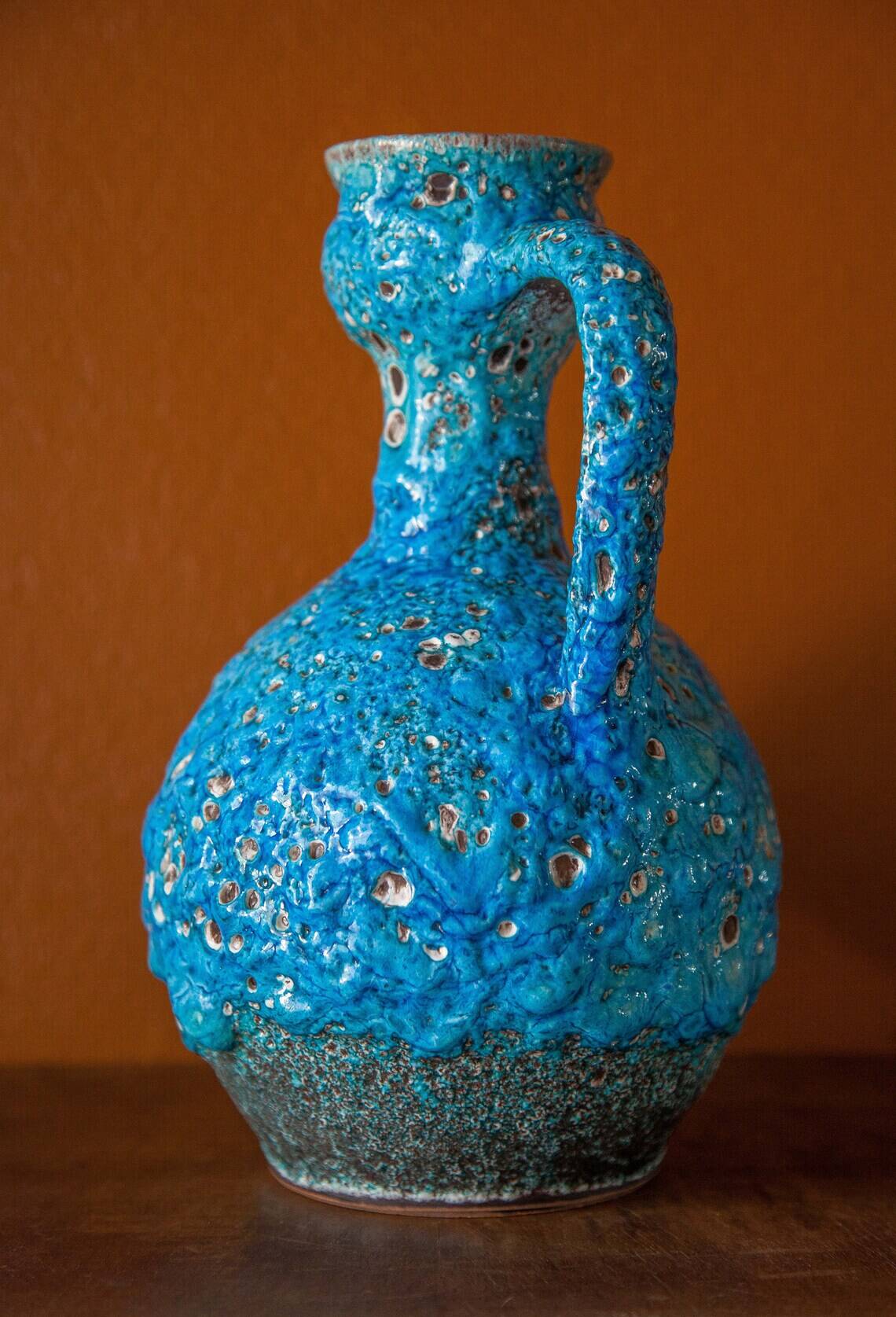 Fat Lava turquoise ceramic vase, ceramic pitcher, sea foam, blue crater vase, turquoise emaux