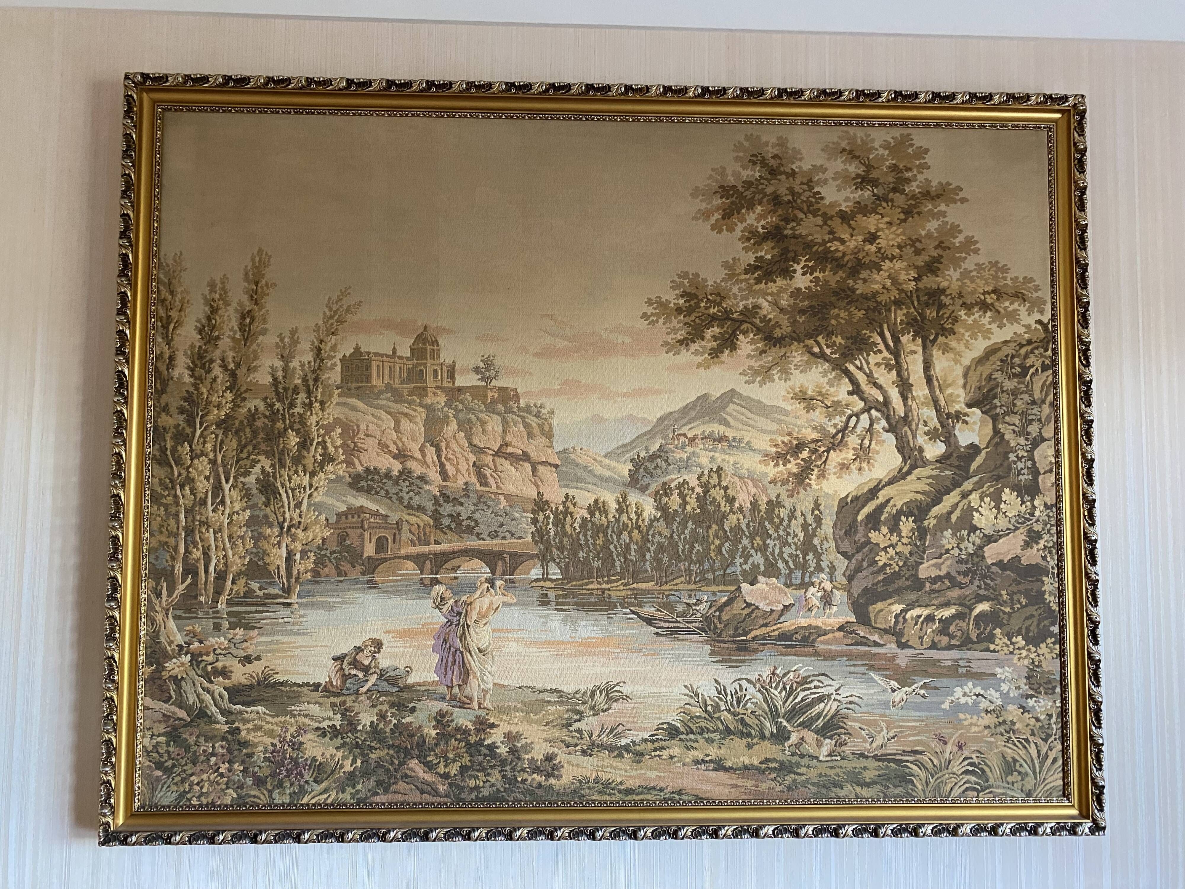Tapestry wall hanging framed antique scene at the edge of the water