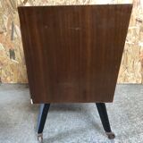 Ancienne commode 4 tiroirs bois pieds compas noir + roulettes années 70 vintage