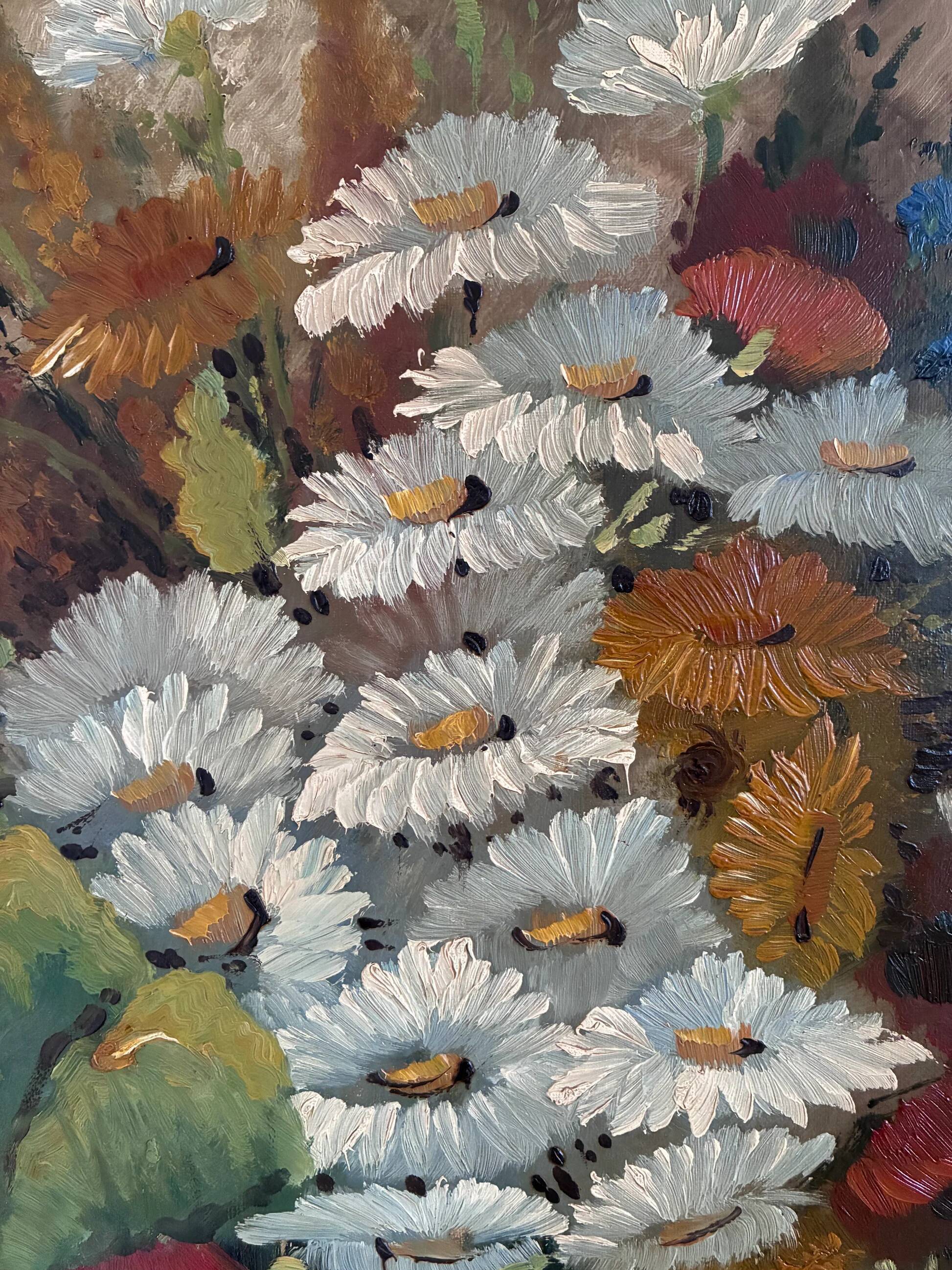 Vintage original floral oil painting with wildflowers in blue vase
