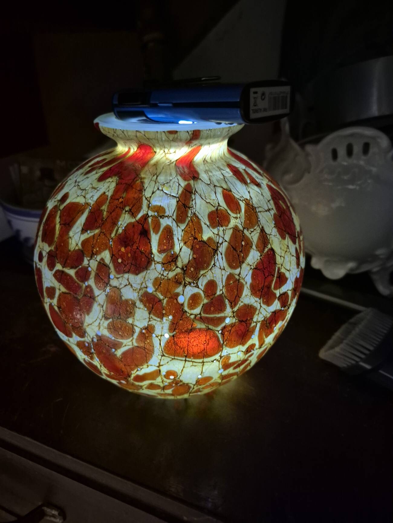Red and brown glass ball vase, France 1930