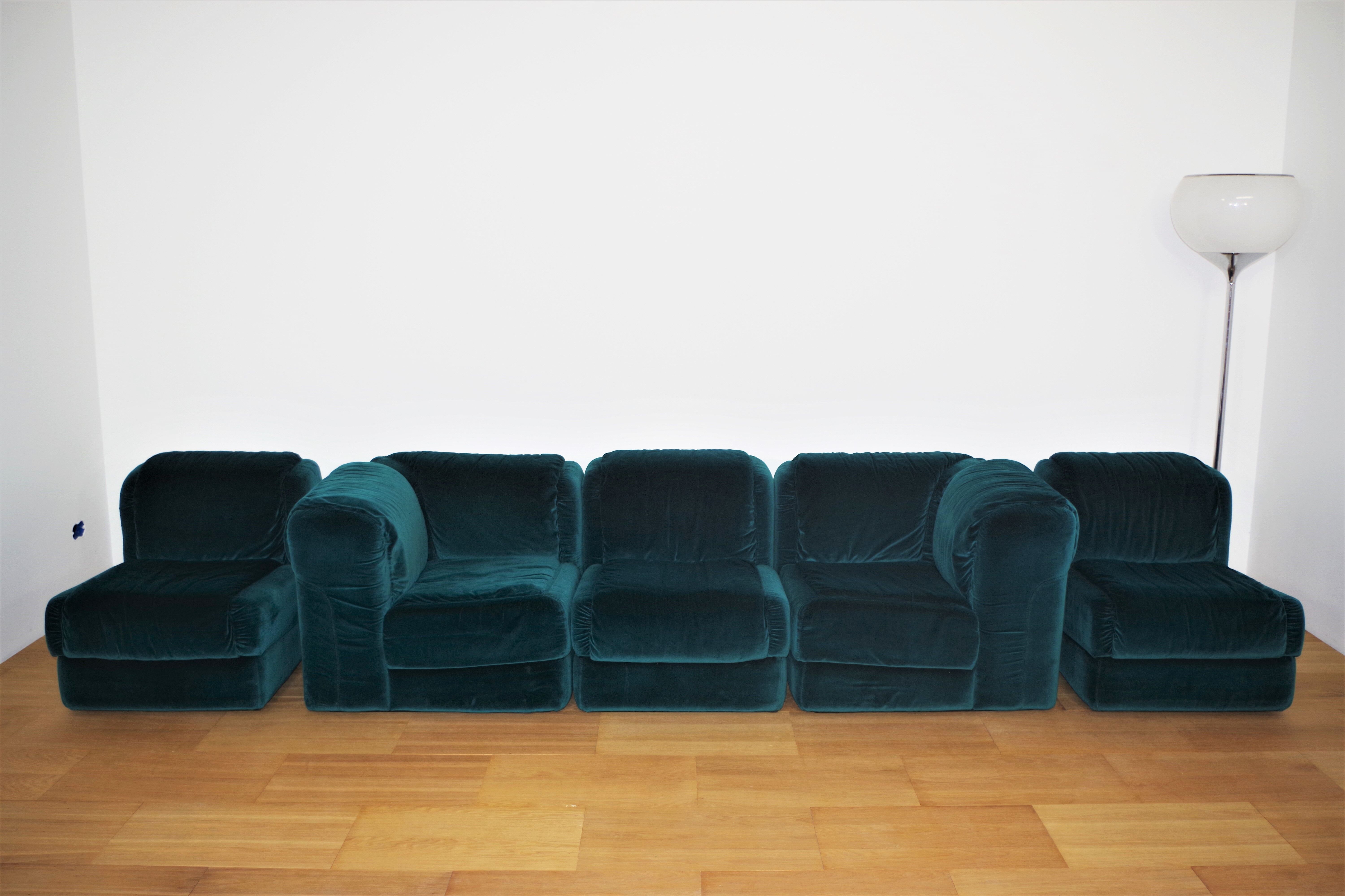 Fauteuils en Chenille de Seven Salotti, 1970s, Set de 5
