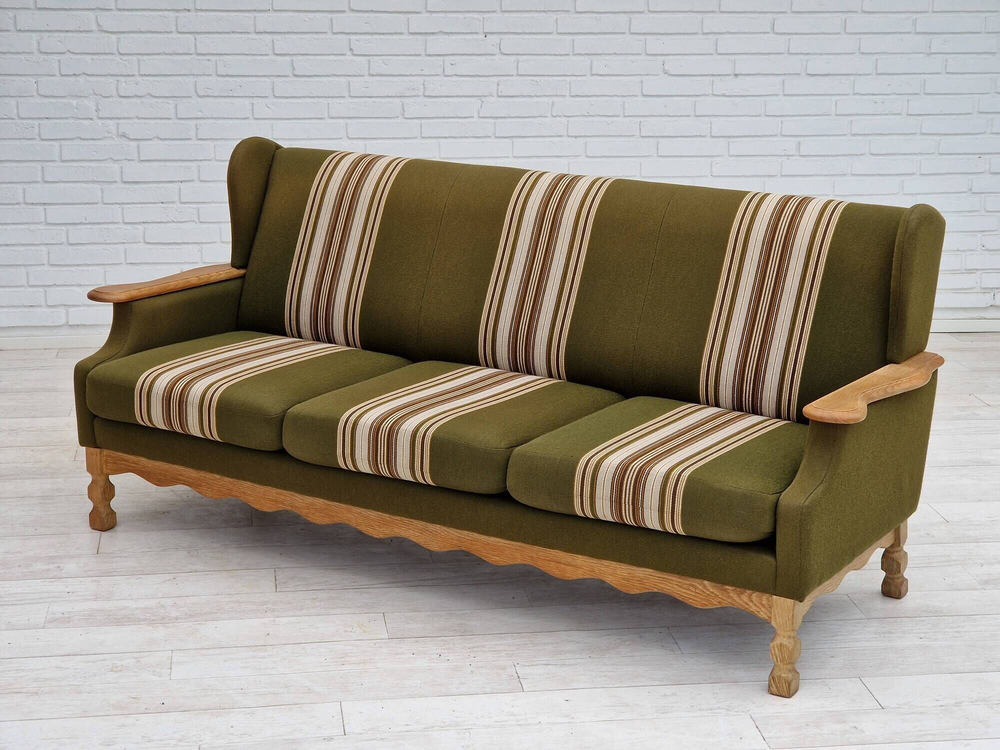 1970s, Danish vintage 3 seater, green fabric, oak wood, original condition.