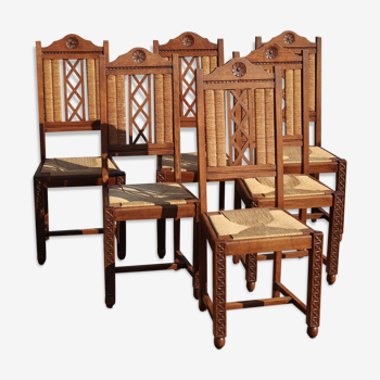 Lot 6 chaises vintage en bois paillées et sculptés