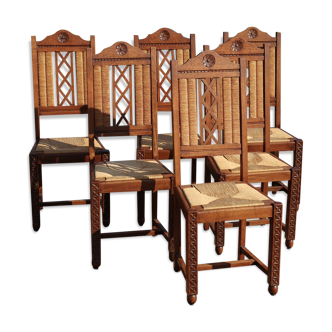 Lot 6 chaises vintage en bois paillées et sculptés