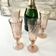 Champagne flutes set of 4, pink French swirl glass stemware