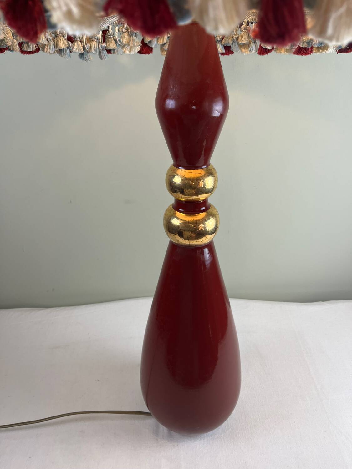 Grande lampe vintage en céramique rouge signée Drimmer – abat-jour pl