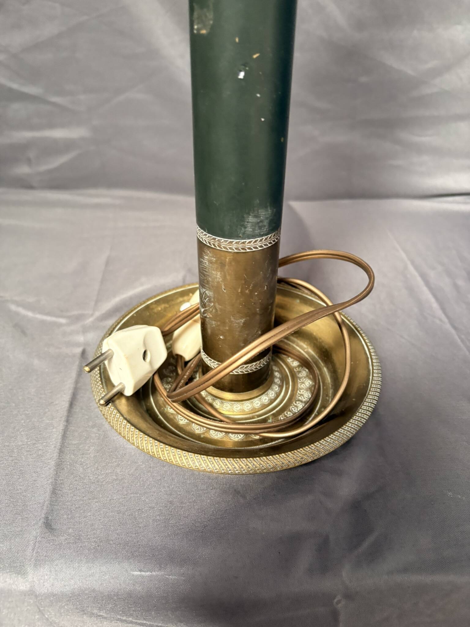 Antique Empire Column Lamp Base, Gilded Brass, Green Candle Holder Chandelier