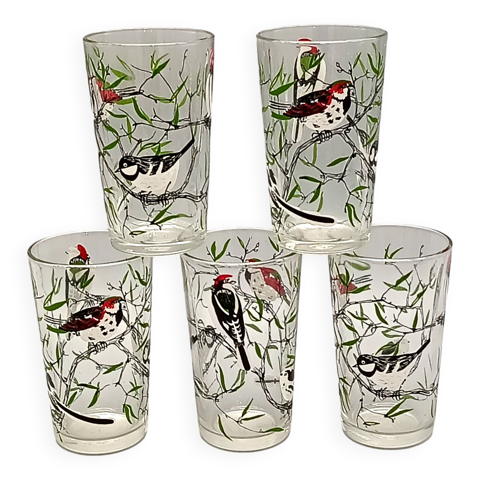 5 small vintage silkscreened bird motif GLASSES 1960/70