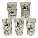 5 small vintage silkscreened bird motif GLASSES 1960/70