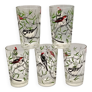 5 verres à décor d'oiseaux sérigraphiés, 1960-1970