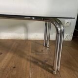 Vintage 70s table in tubular chrome and smoked glass