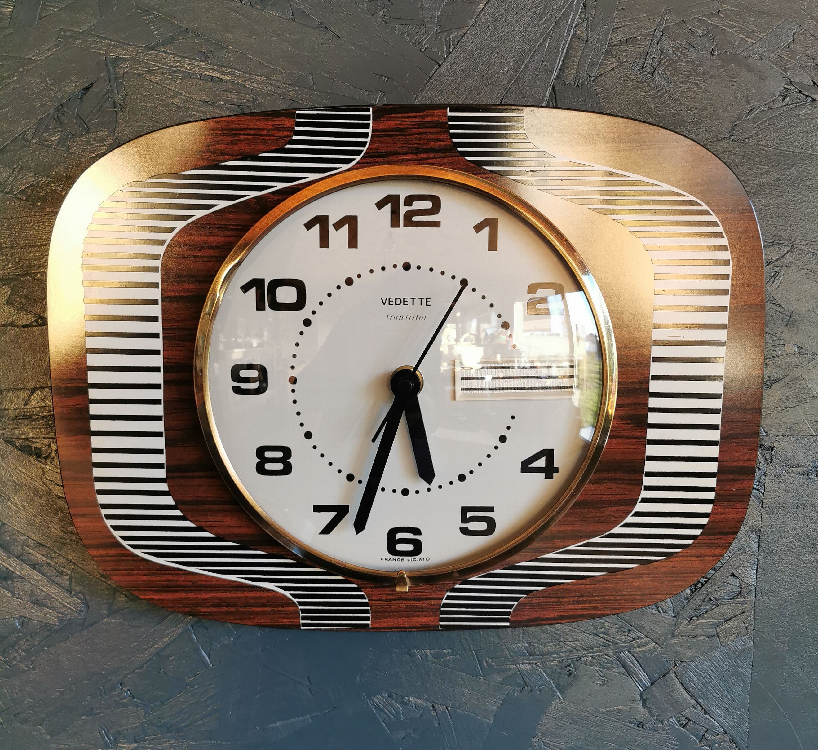 Vintage formica clock silent wall clock "Featured wood stripes"