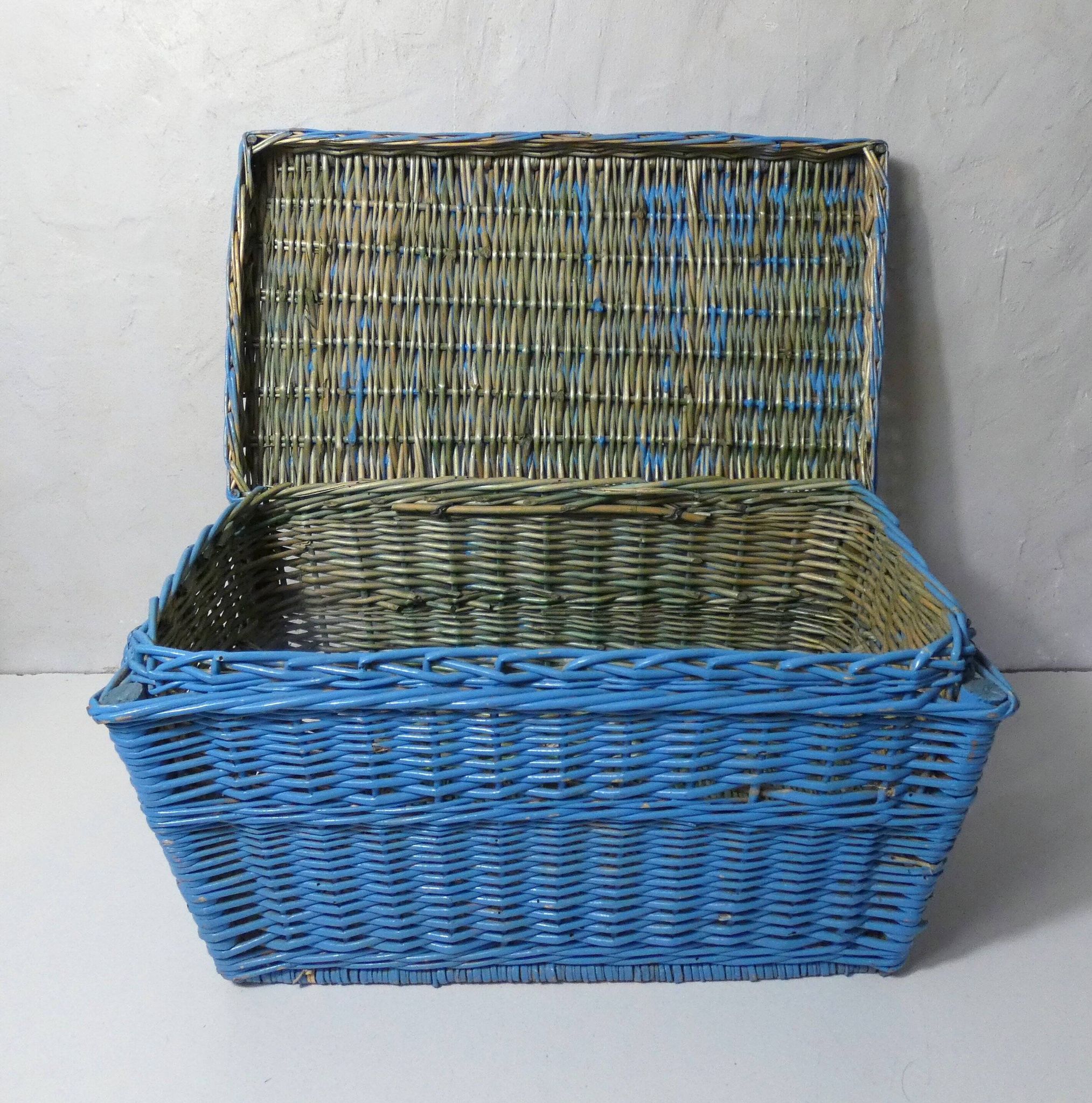 vintage blue rattan trunk chest