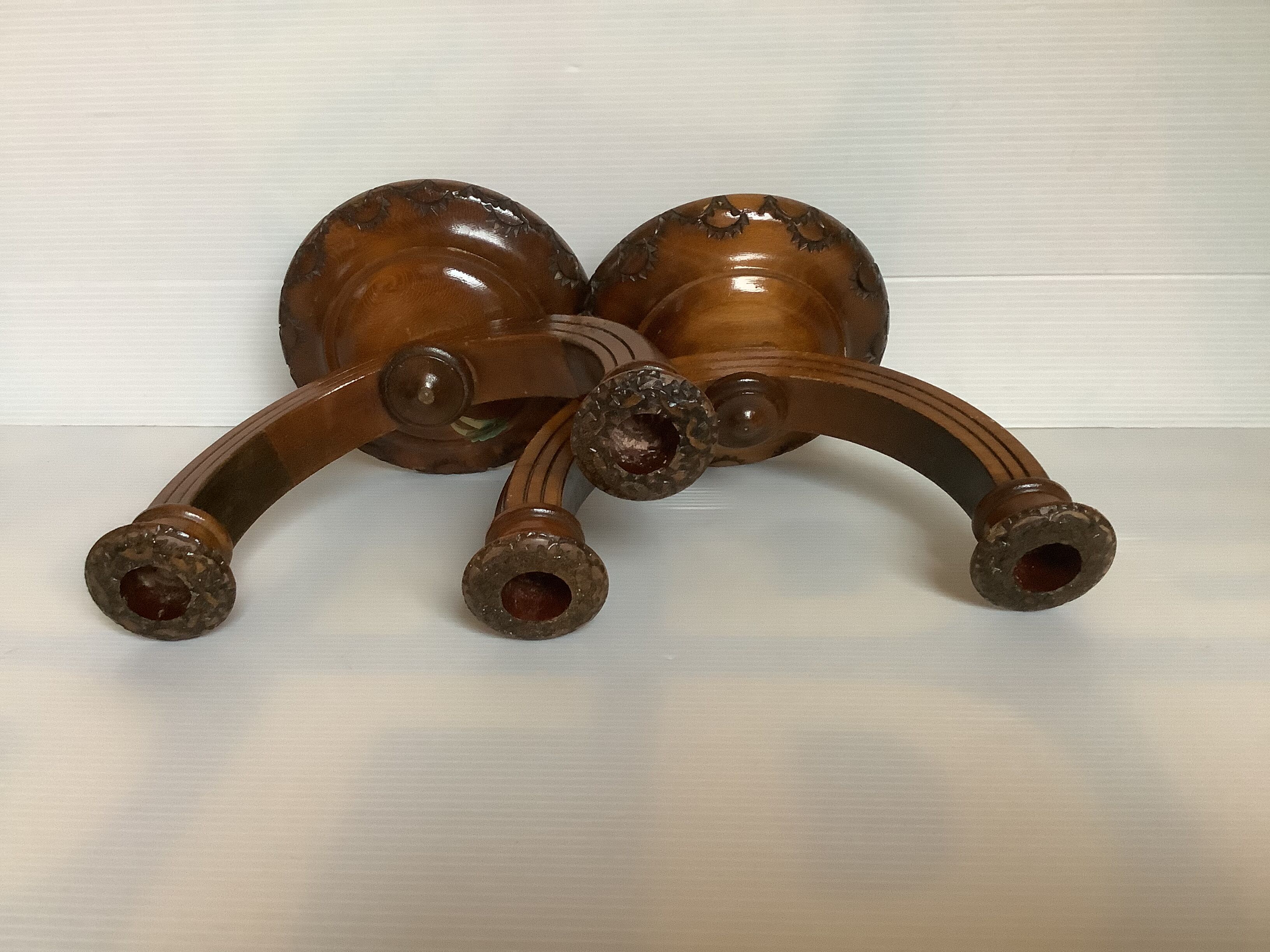 Old pair of brutalist wooden candlesticks dried flower candles