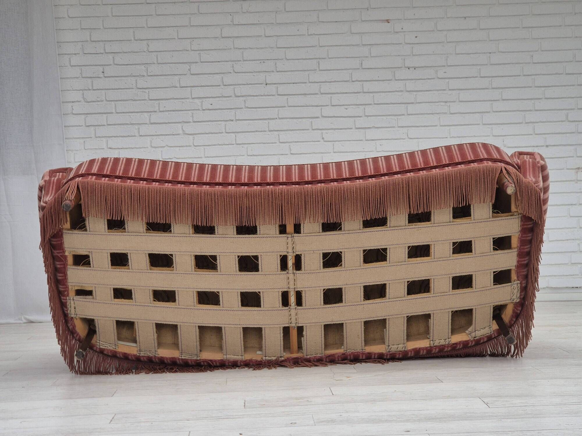 1960s, Danish 3-seater curved sofa, pink-salmon furniture velour, original.