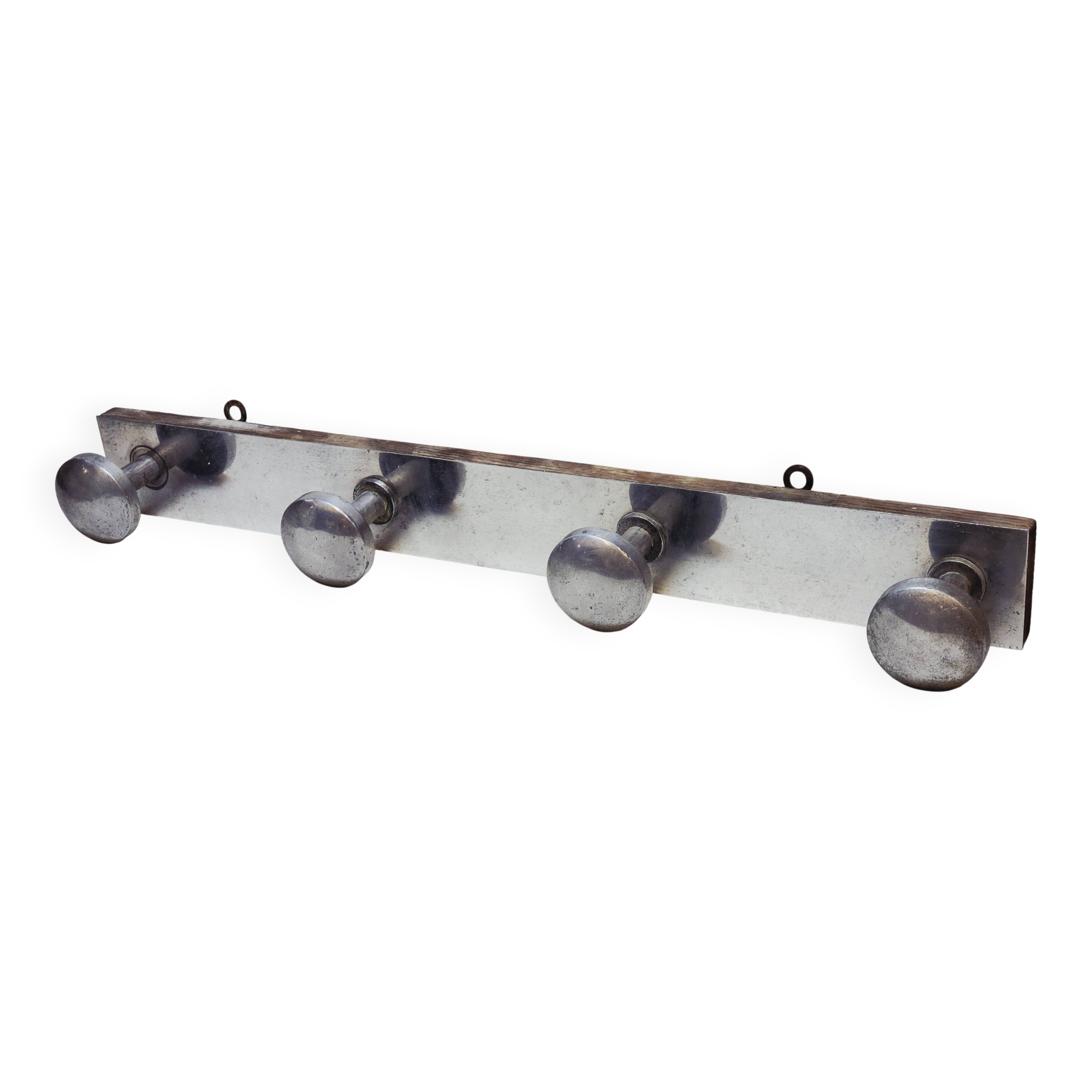 Retro vintage coat rack with 4 aluminum hooks on a wooden frame