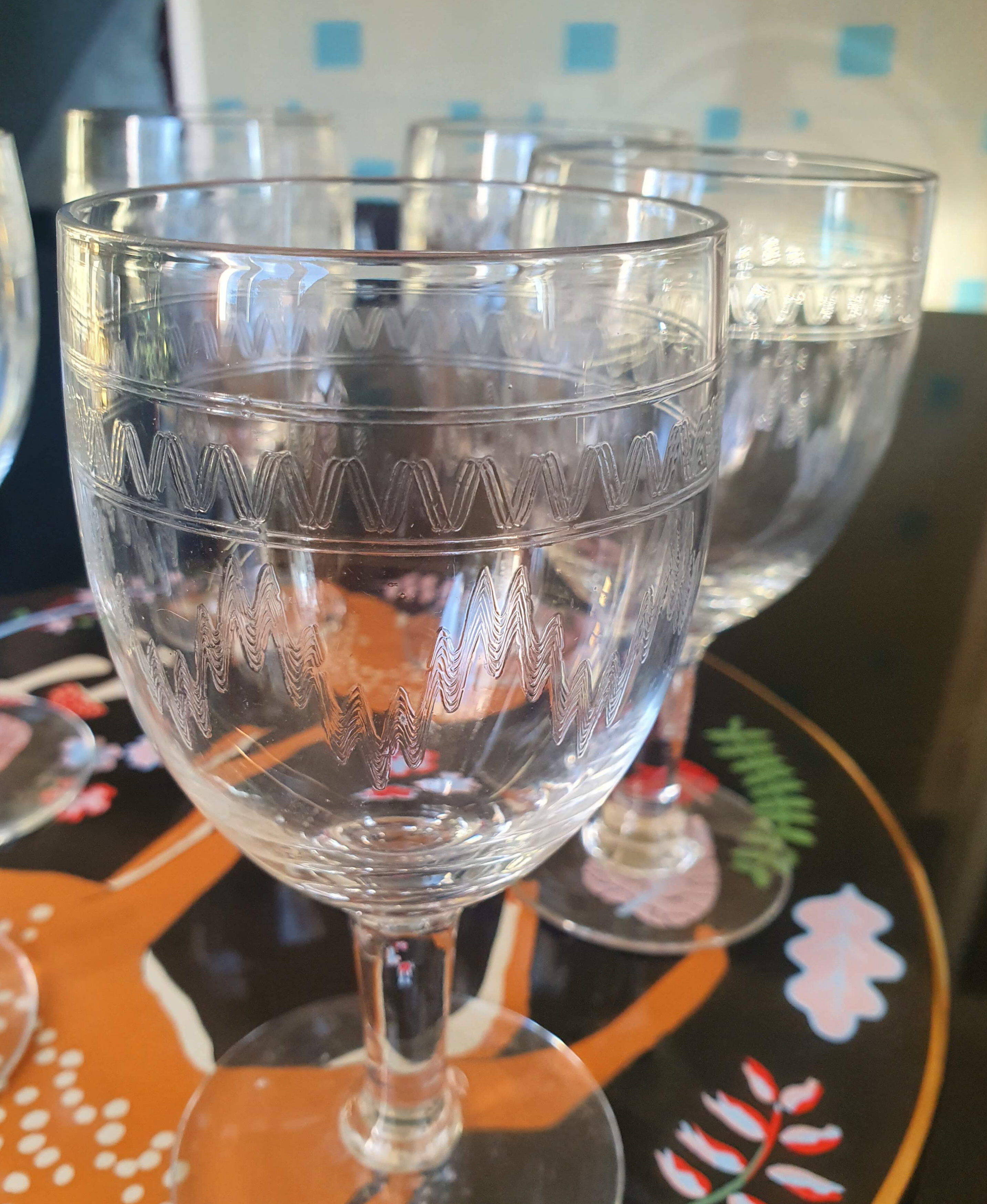 Engraved glass wine glasses