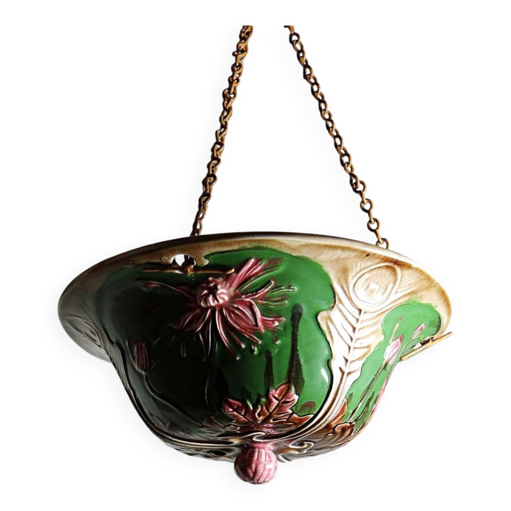 Antique planter suspension from the 19th-20th century in Art Nouveau majolica.