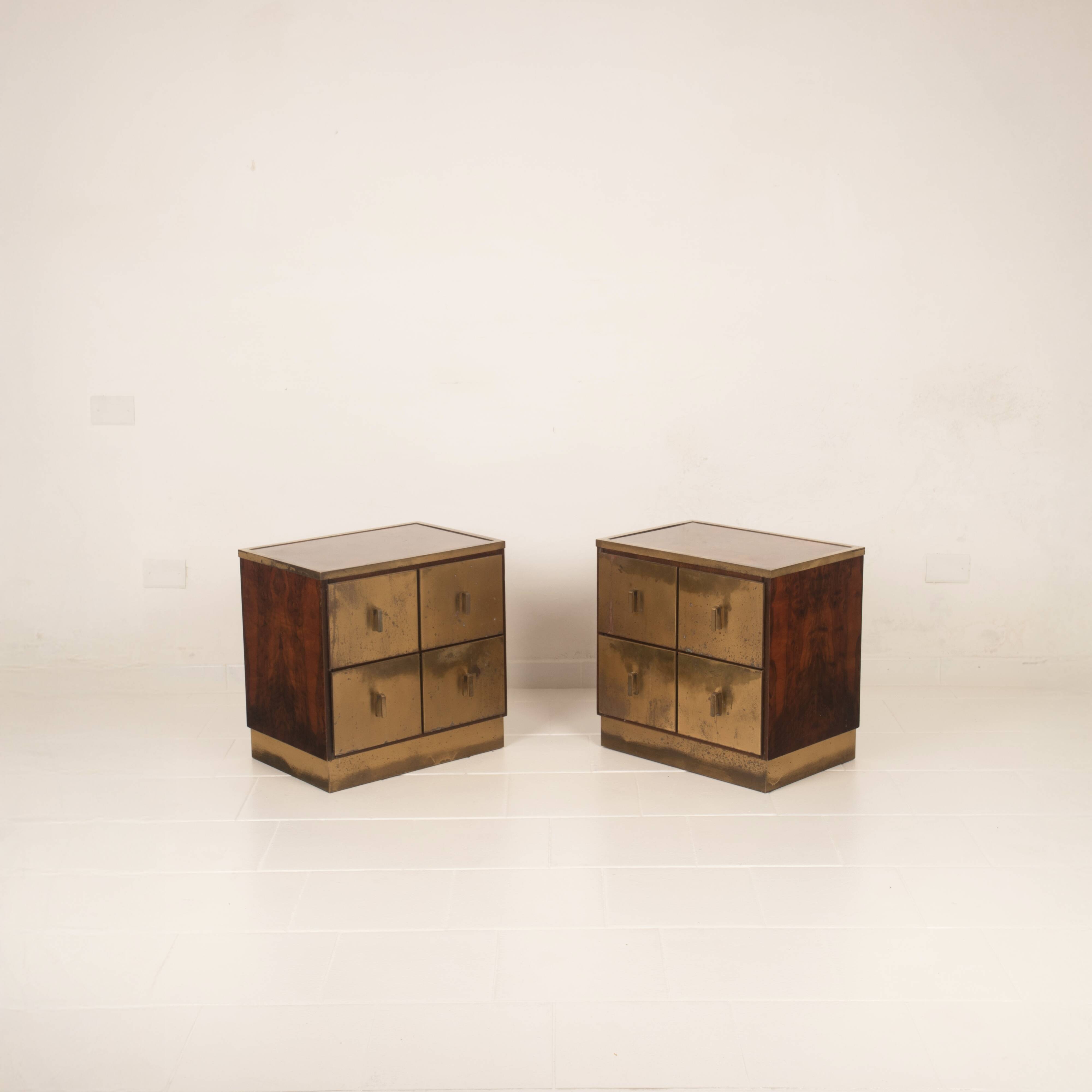 Aldo Frigerio Italian Walnut Burl and Gold-Laminated Brass Bagdad Nightstands