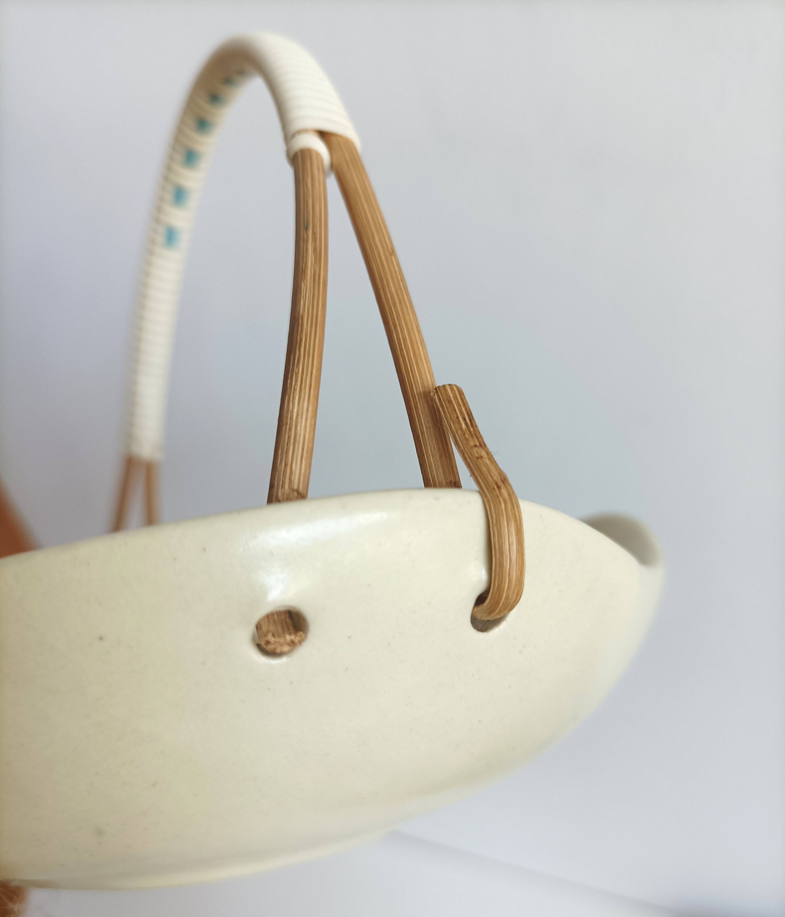 Ceramic and wicker covered scoubidou bowl, 60s