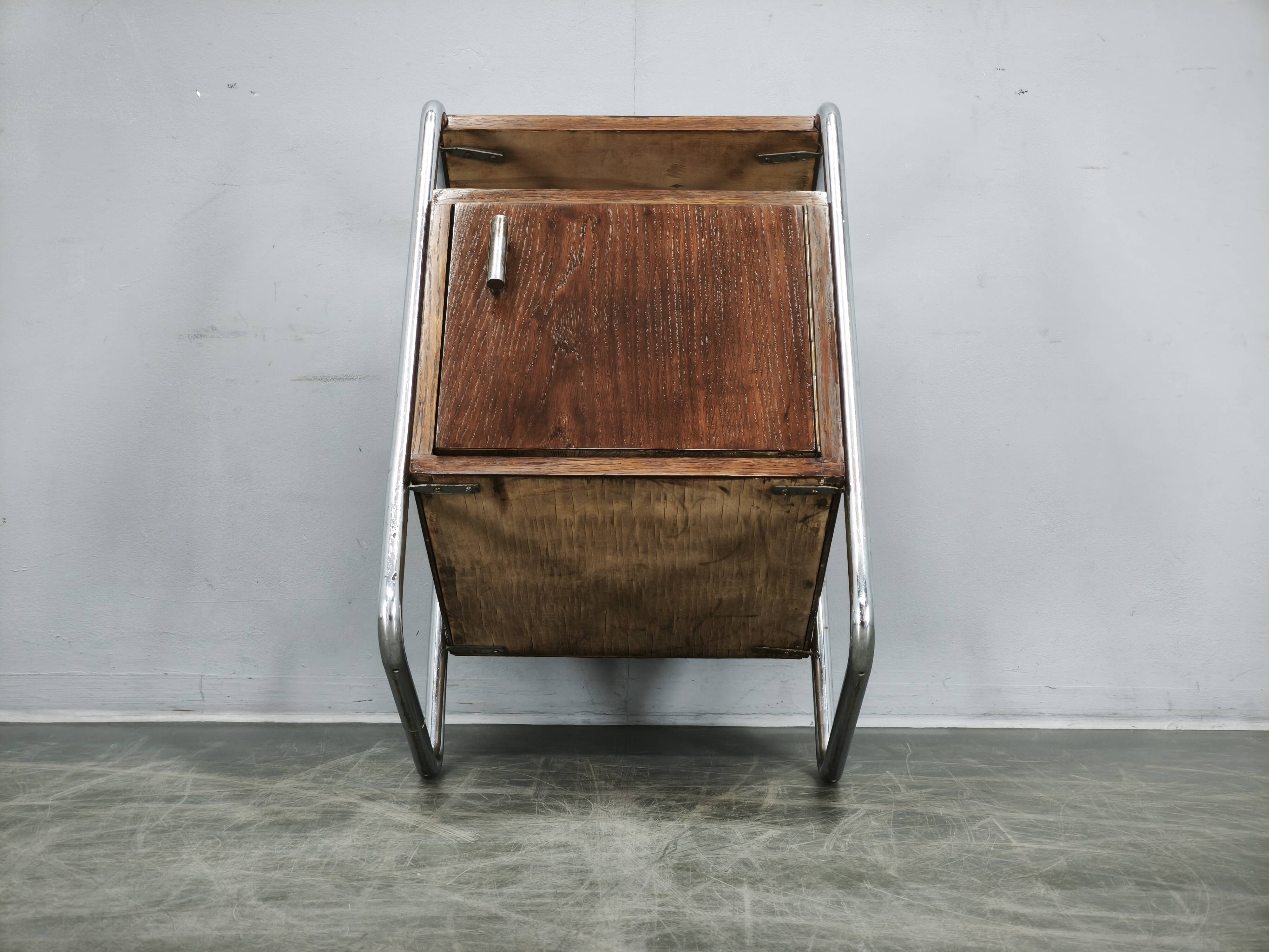 Bauhaus Oak and Chrome Tubular Nightstand, Czechoslovakia 1940s