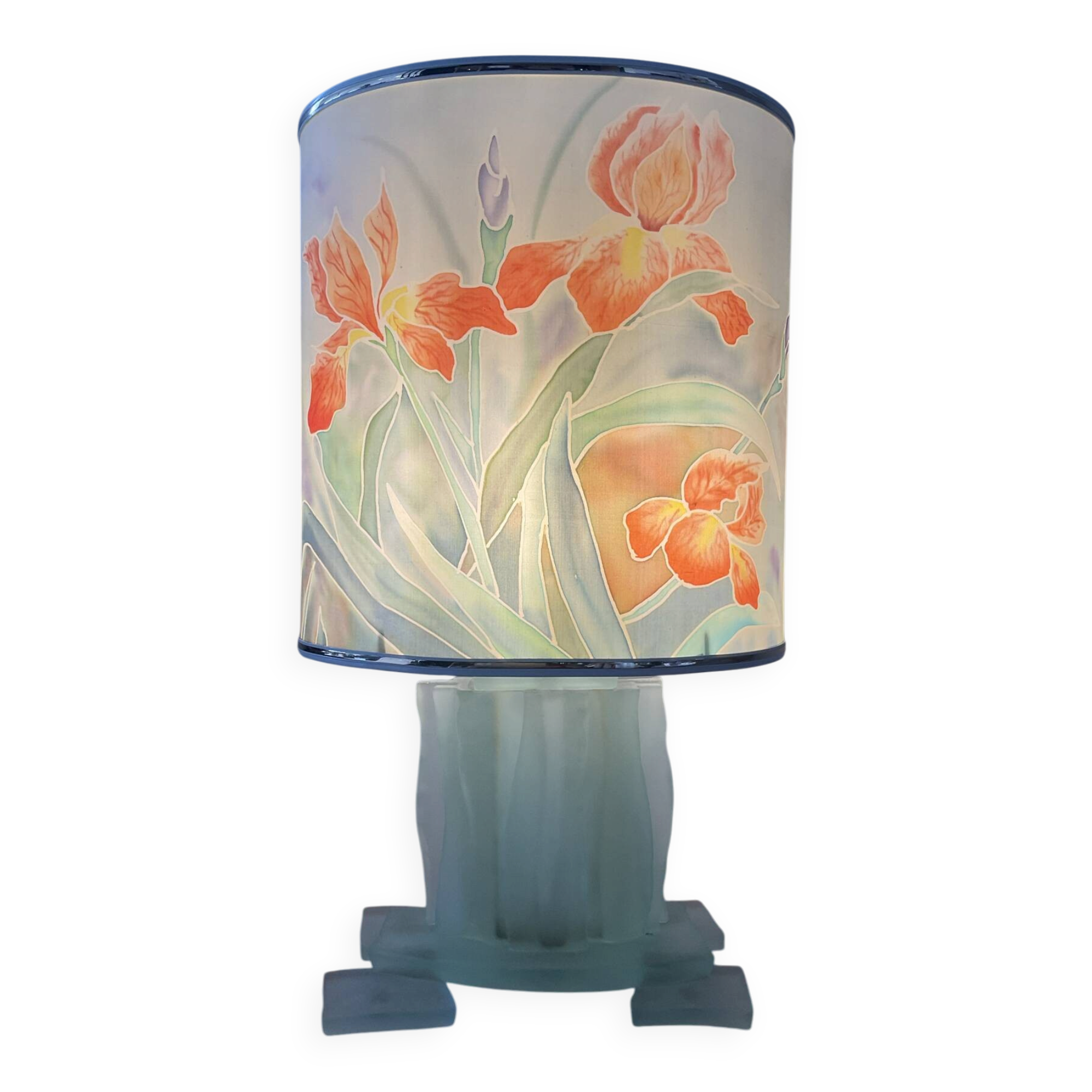 Lampe vintage en verre dépoli et abat jour en soie