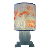 Vintage lamp with frosted glass and silk shade.