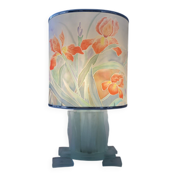 Vintage lamp with frosted glass and silk shade.