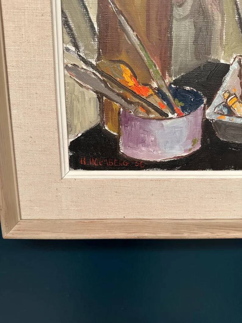 Original Swedish Oil on Canvas – “Still Life” by Harry Holmberg – Signed – Dated 1956 – Vintage & Framed – 47 × 34.5 cm (18.5" × 13.6")