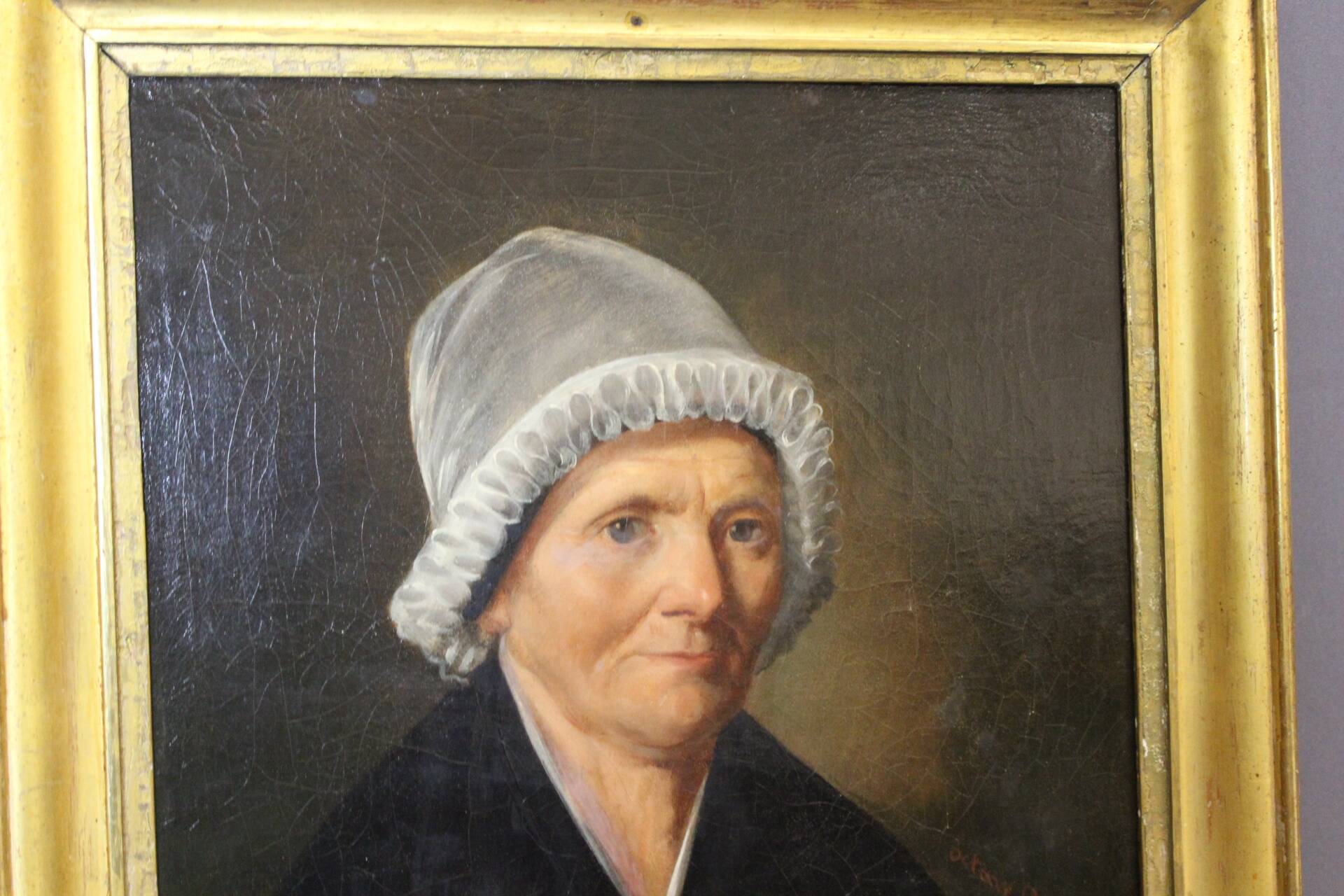 Oil on canvas, Woman with a white headdress dated 1840