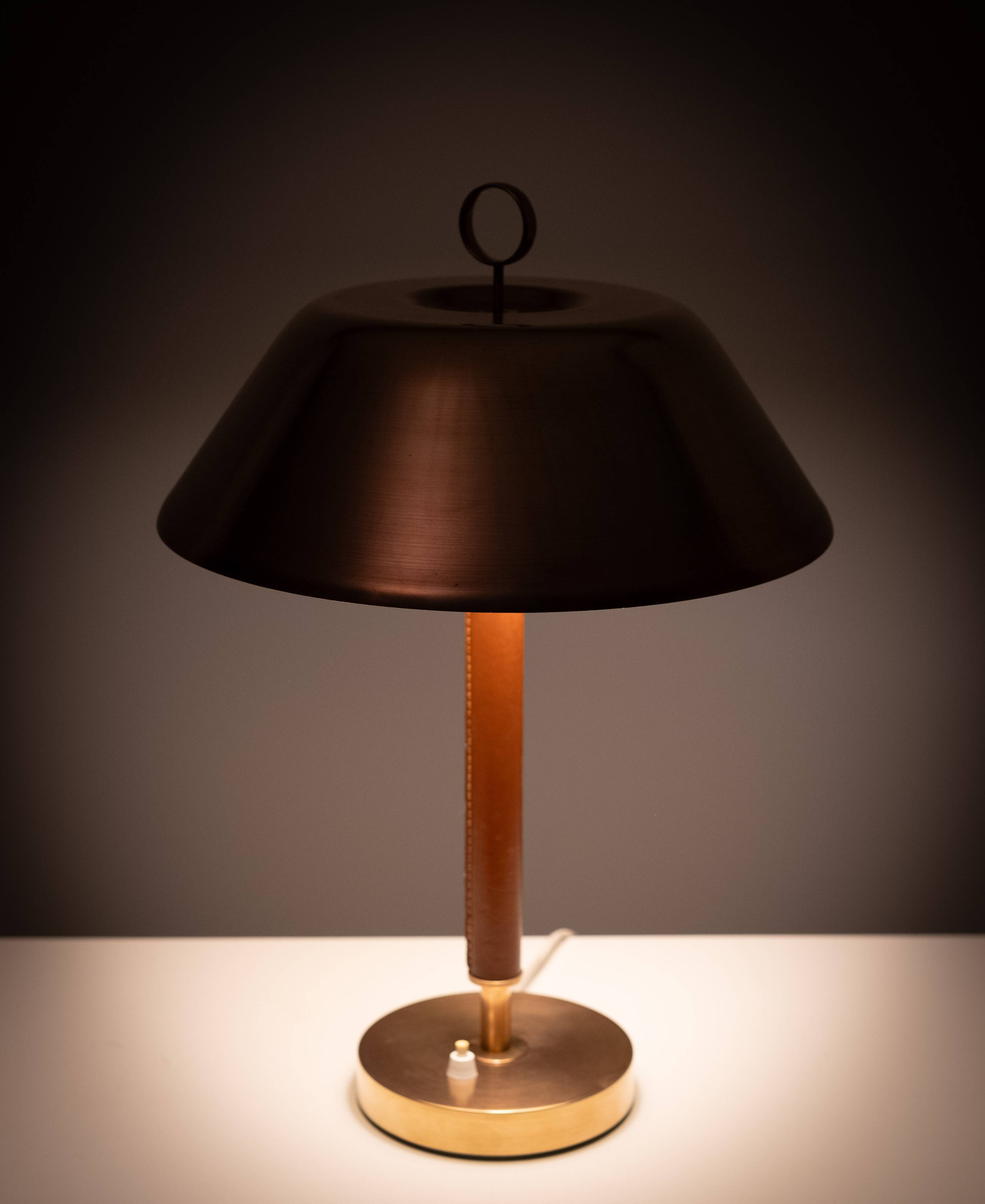 Falkenbergs Belysning Brass and Leather table lamp Sweden 1960s