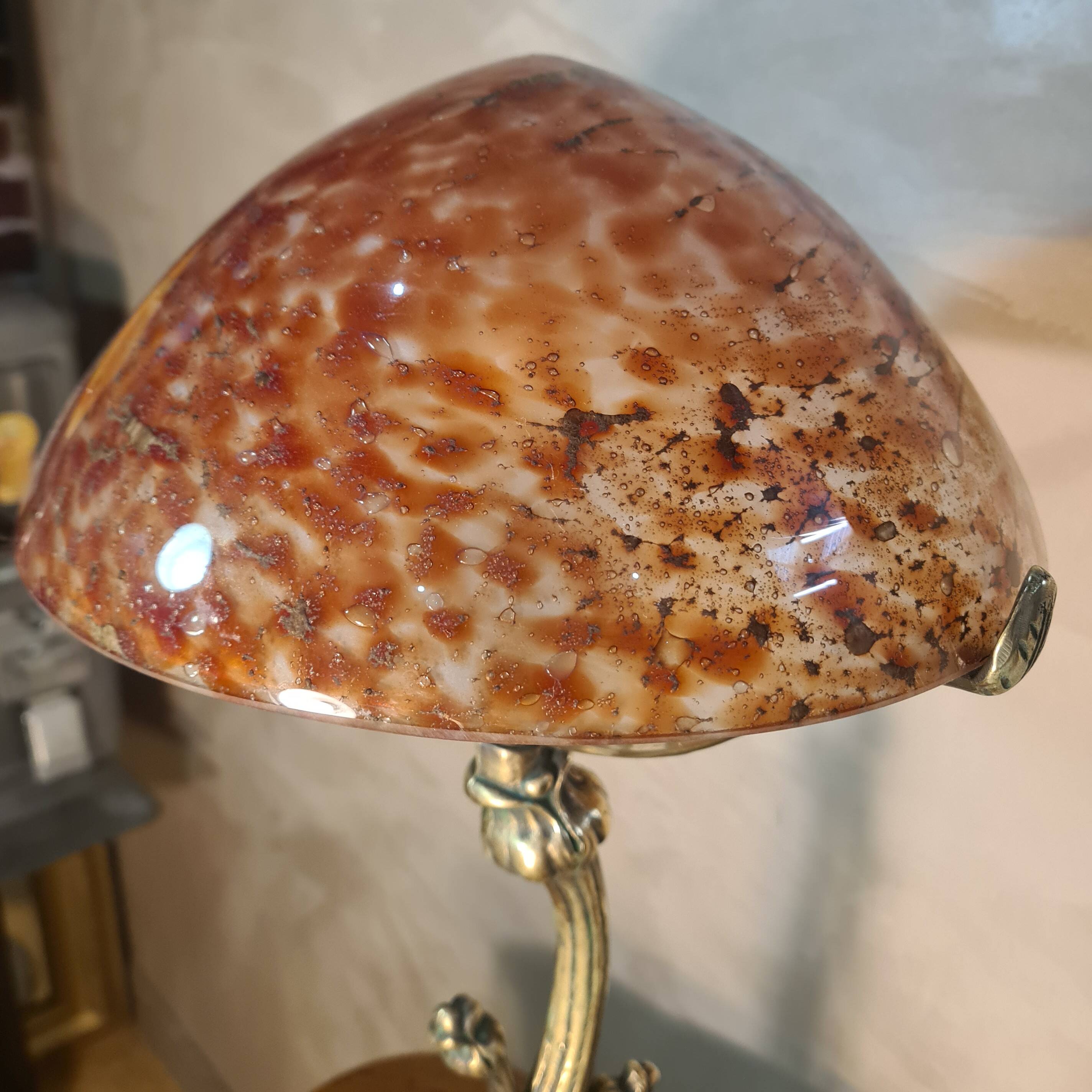 Bronze lamp in Art Nouveau style from 1975 to 1985 with a high-quality glass shade.