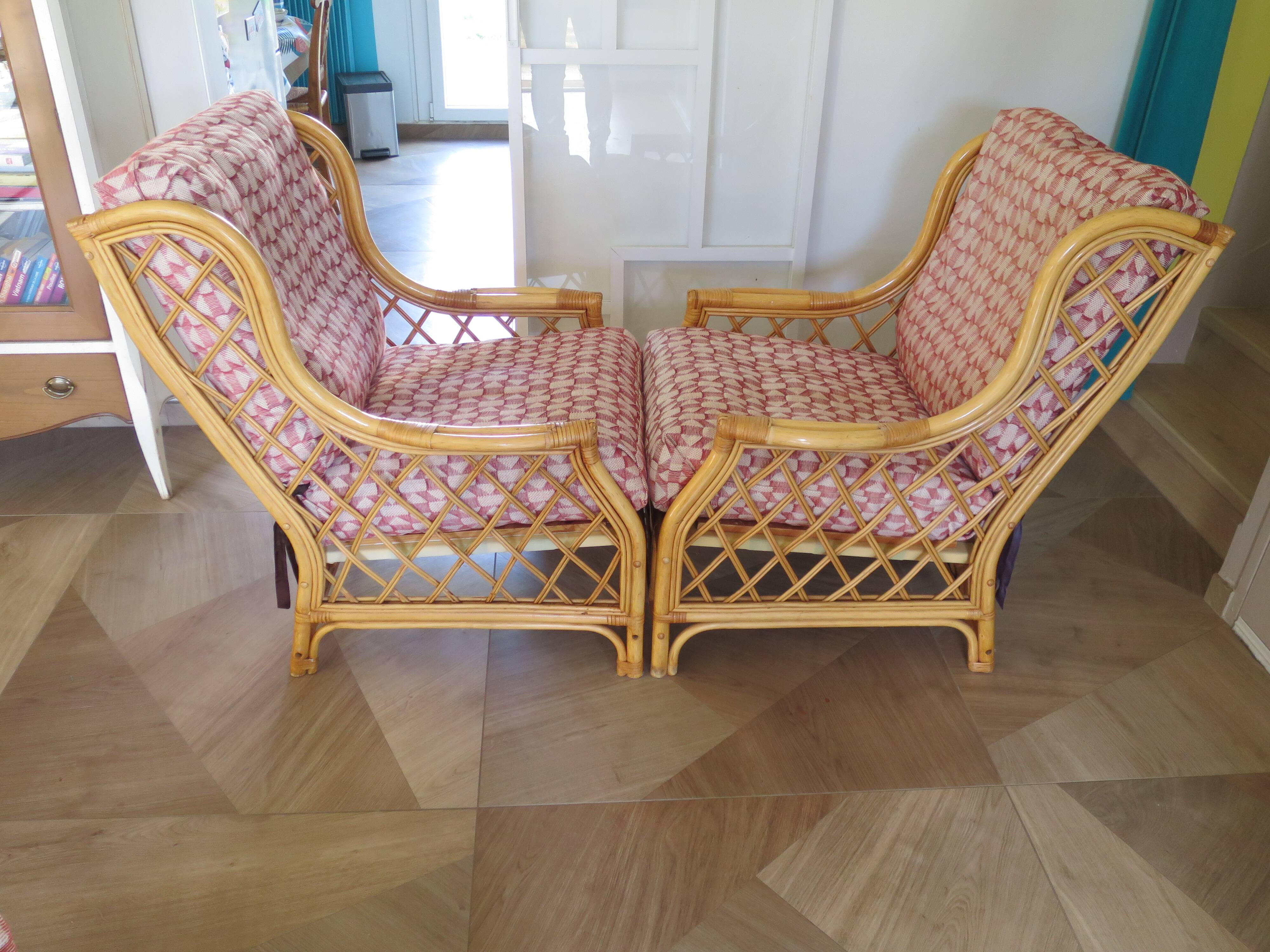 Vintage - Set of 2 woven rattan, bamboo and wood armchairs - Natural colour - 1980s