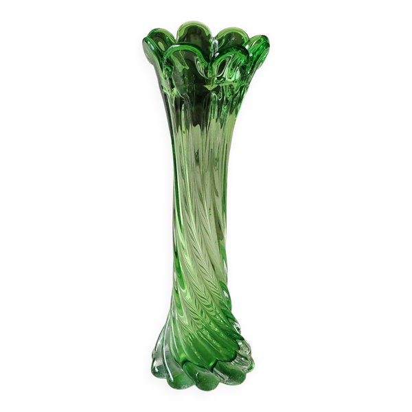 Vase style Murano, en verre d Art. Au design torsadé/col festonné/27 cm