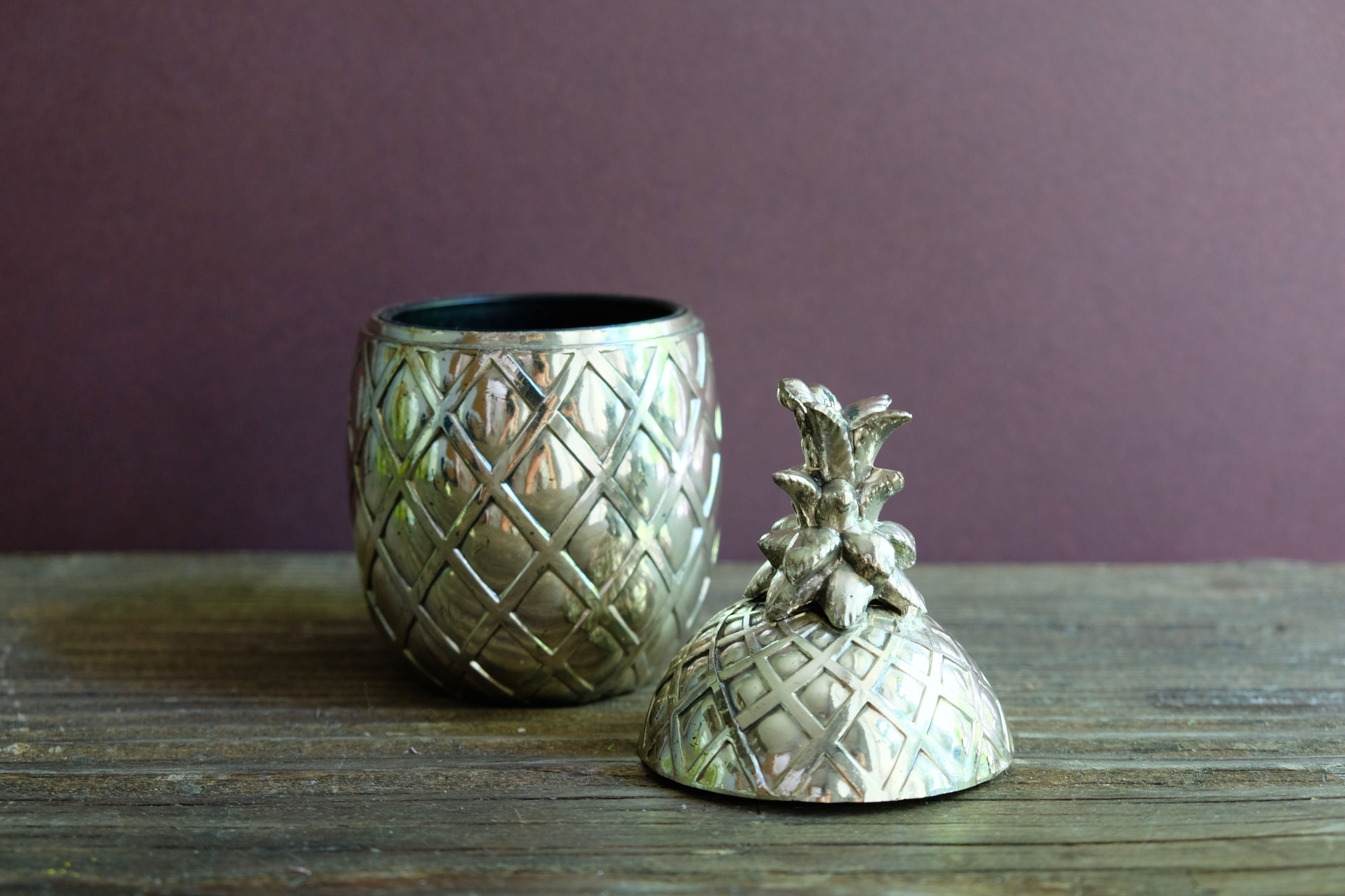 Boite ou sucrier ananas en métal chromé vintage en trois pièces