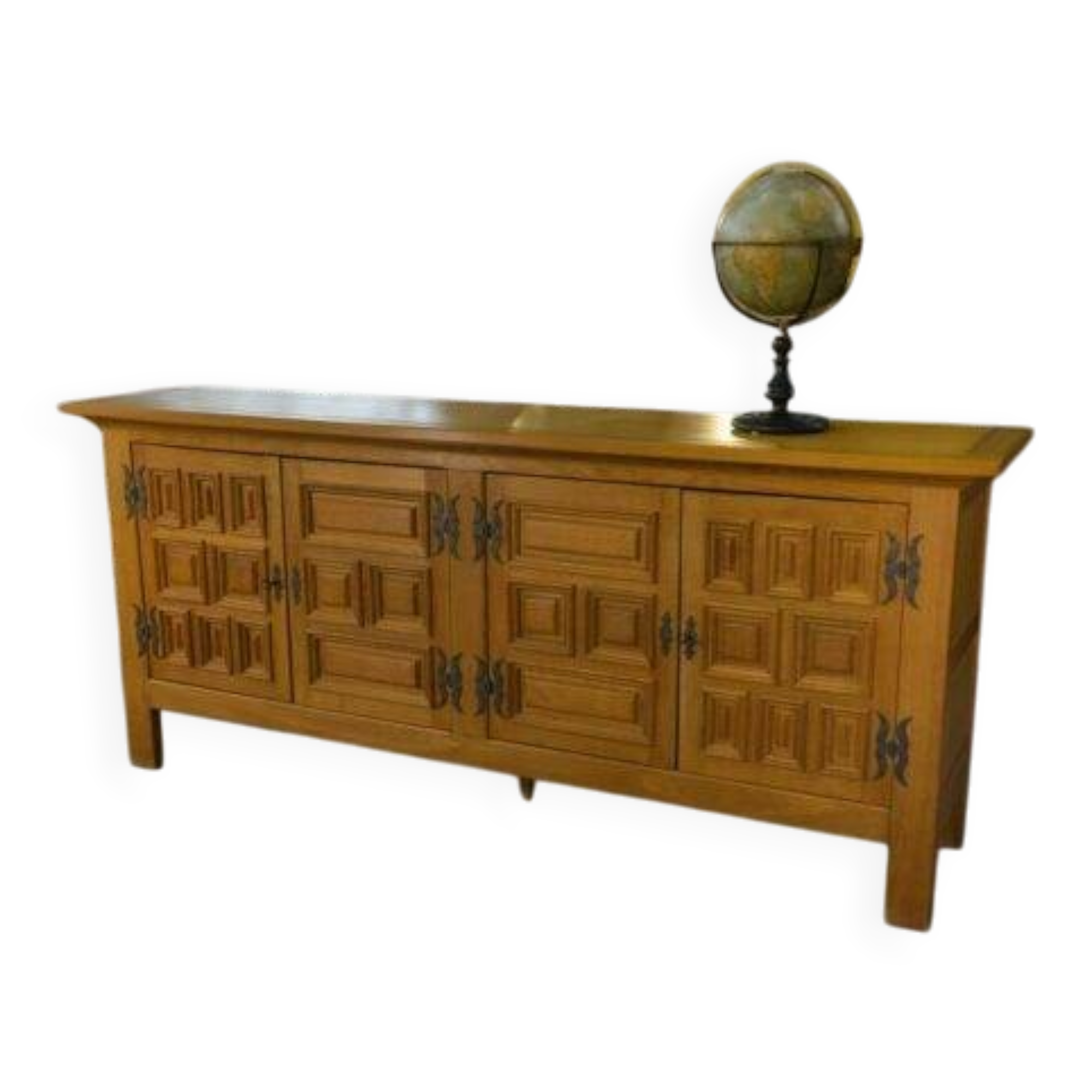 Large 4-door sideboard in solid oak and wrought iron, rustic style, 1960s