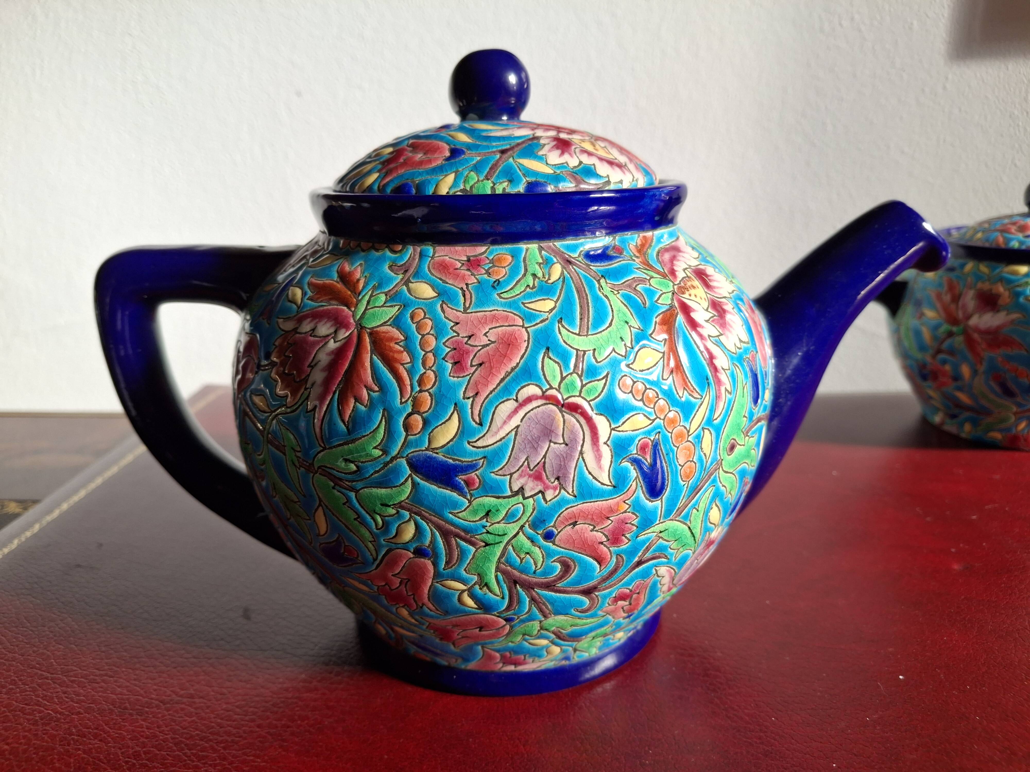 Cloisonné enamel tea service from Longwy in excellent condition.