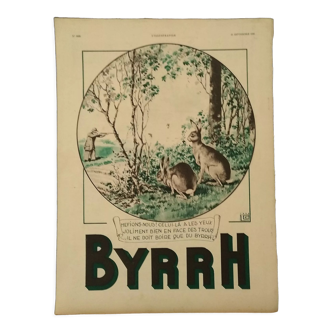 Publicité Byrrh en couleur, humour lièvre chasseur  issue revue année 1935