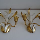 Pair of golden metal wall lights with vintage foliage flower decor