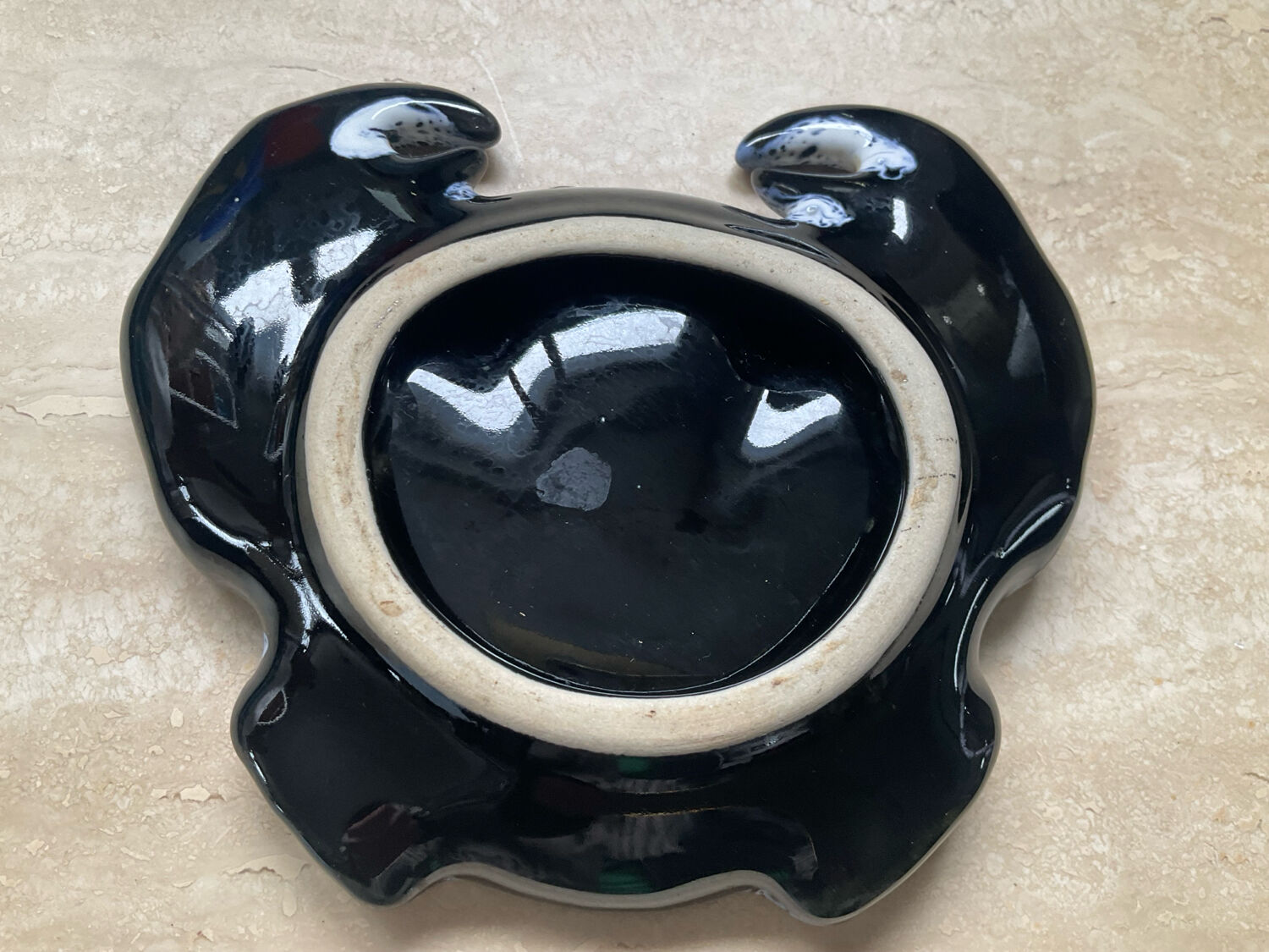 Vintage crab-shaped glazed ceramic catchall.